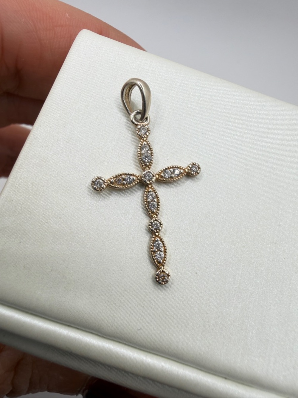 1.25" long, stamped Sterling Silver Cross pendant with pave rhinestones!